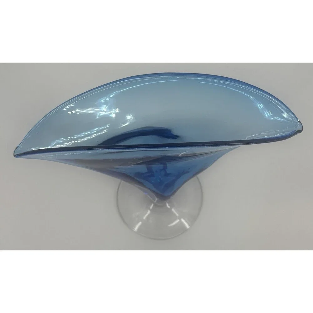 Vintage Blenko Blue & Clear Base Art Fan Glass Vase Hand Blown #872